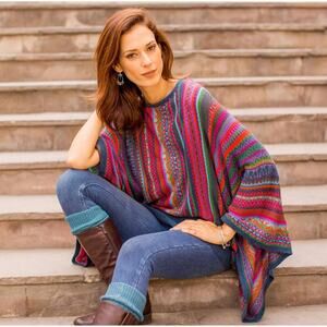 Novica Fiesta of Color Striped Kimono Sleeve Sweater Alpaca Blend Size S/M